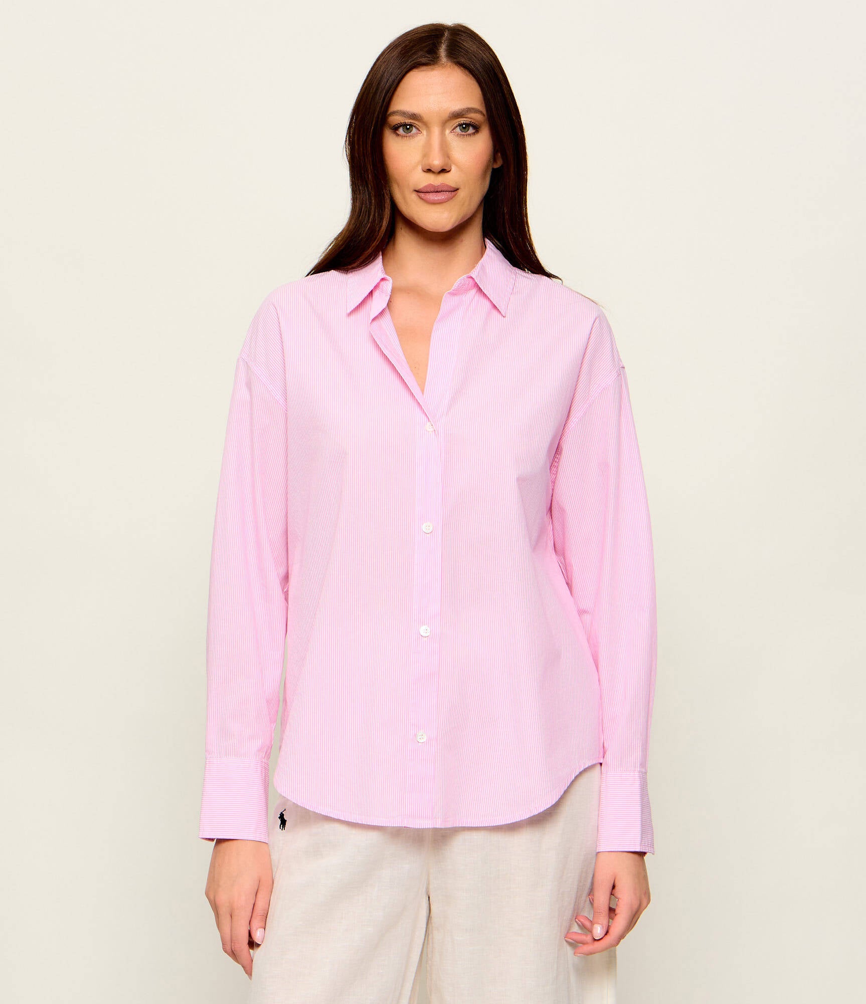 Relaxed Fit Long Sleeve Shirt with Vertical Stripe Pattern