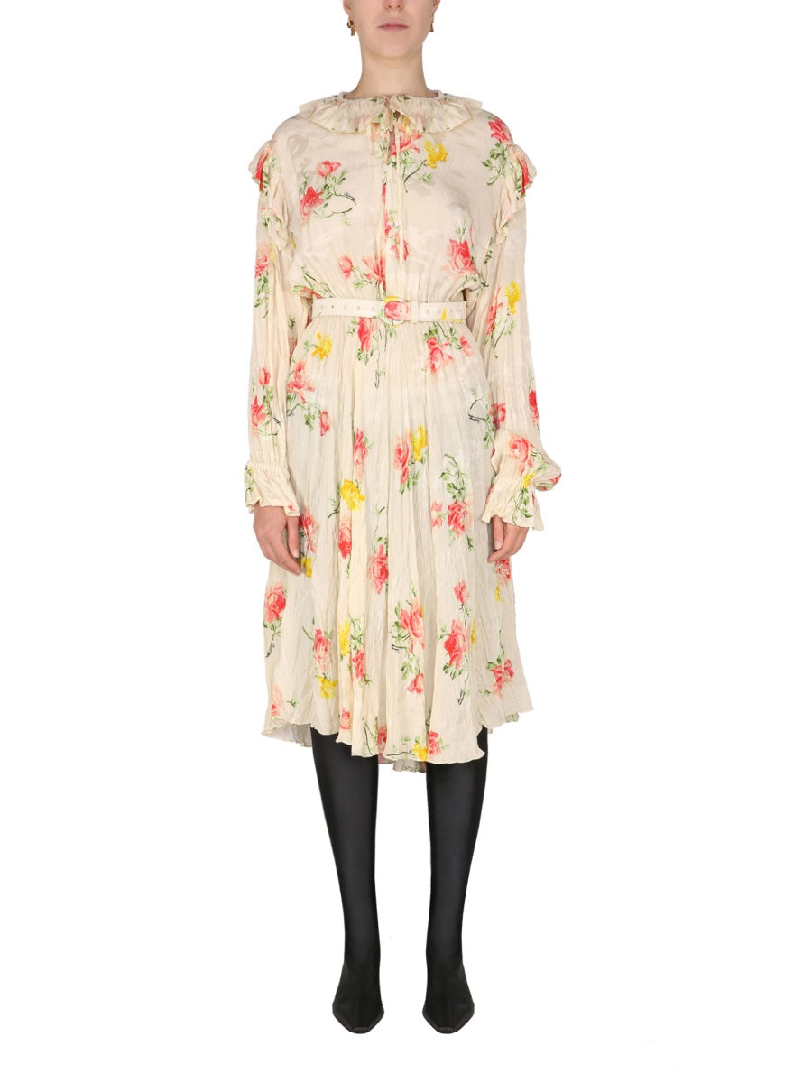 Floral Dress with Drawstring Collar and Flowing Silhouette
