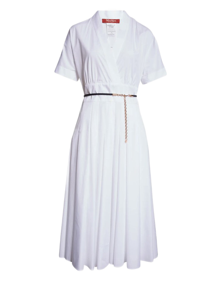 V-Neck White Midi Dress with Fitted Waist