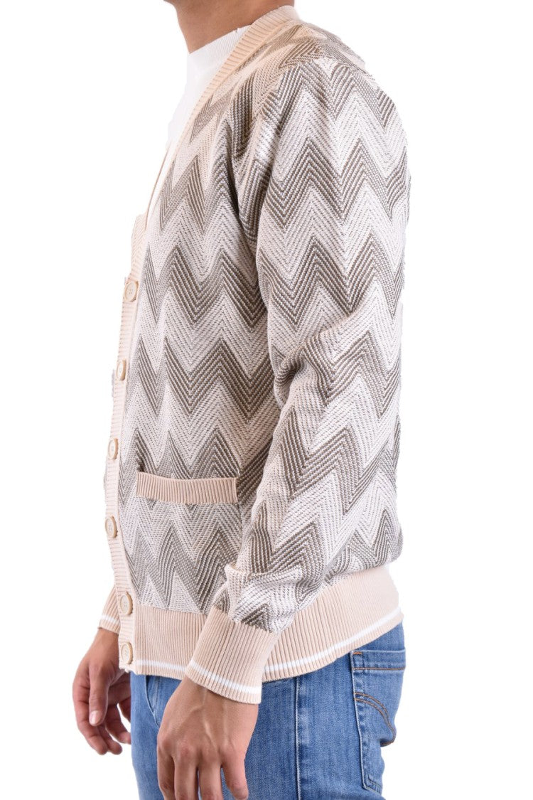 Zigzag Pattern Beige Knitwear With V-Neckline