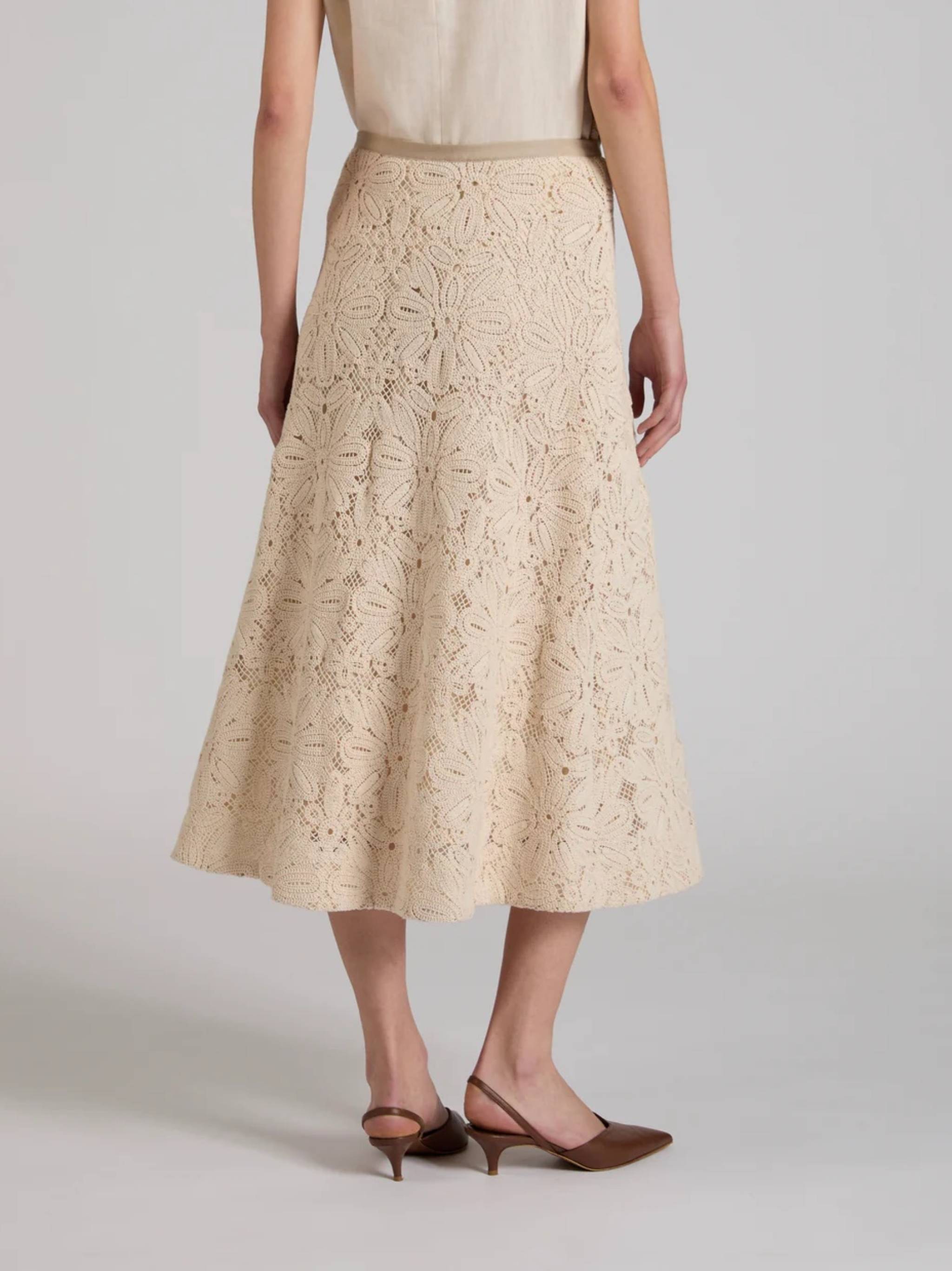 Beige Floral Lace Midi Skirt