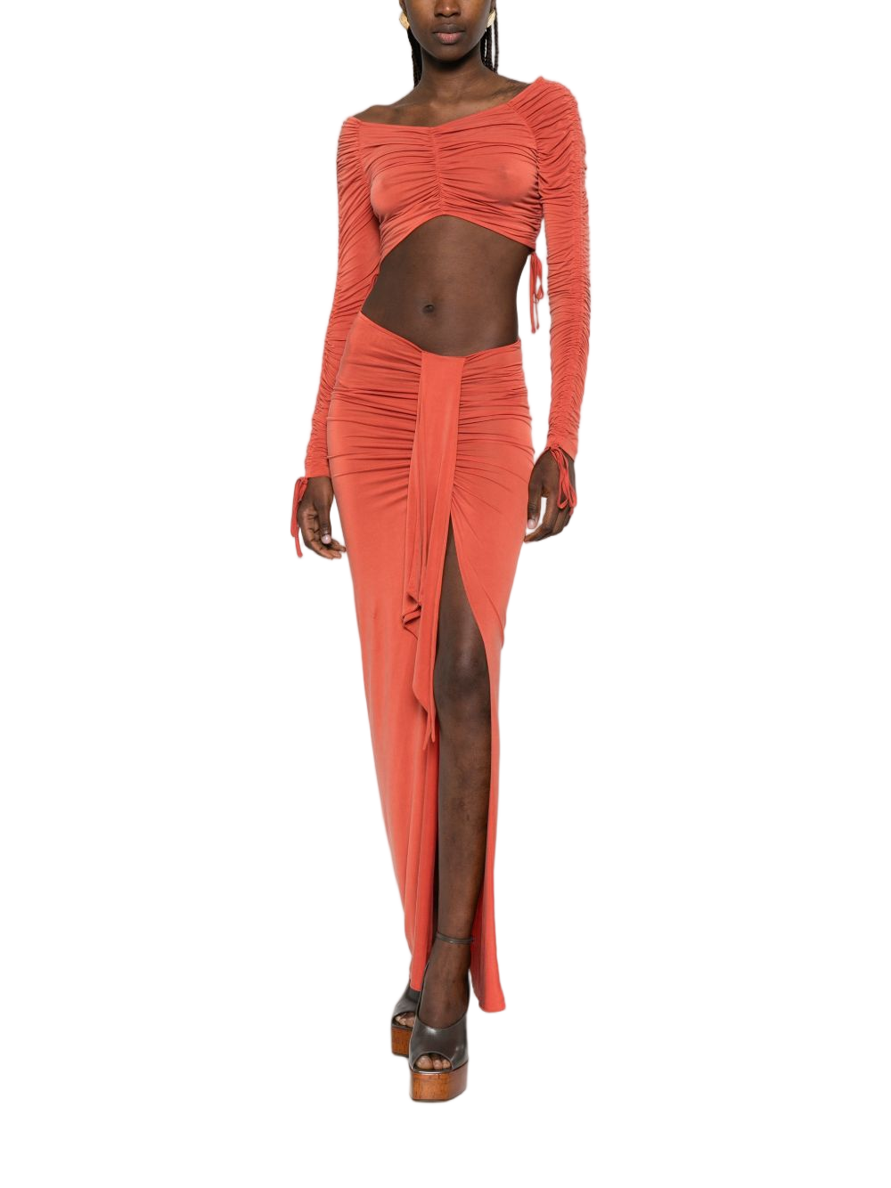 Orange Cropped Long Sleeve Ruching Top