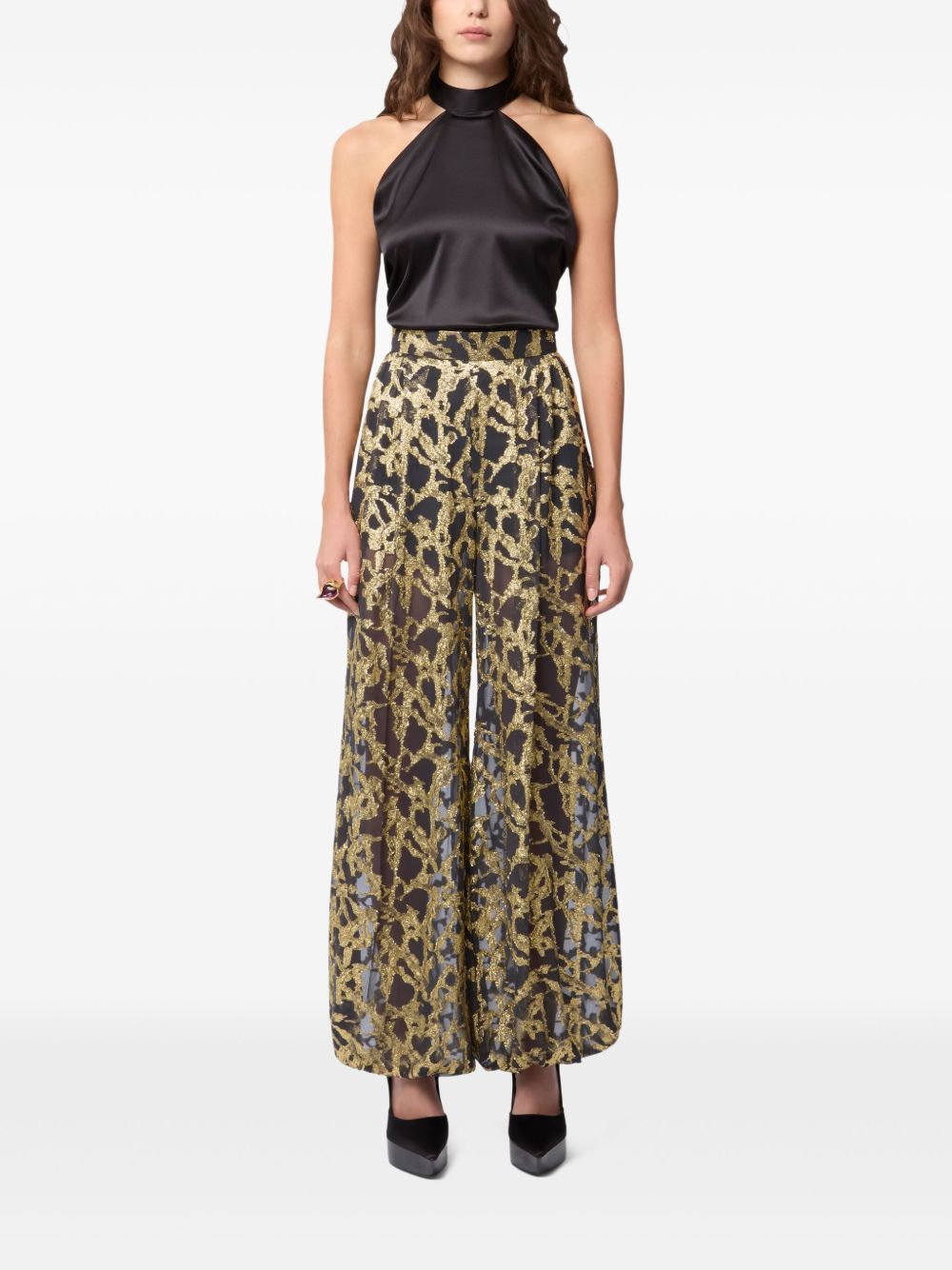 Gold Marble-Effect Silk Wide-Leg Trousers