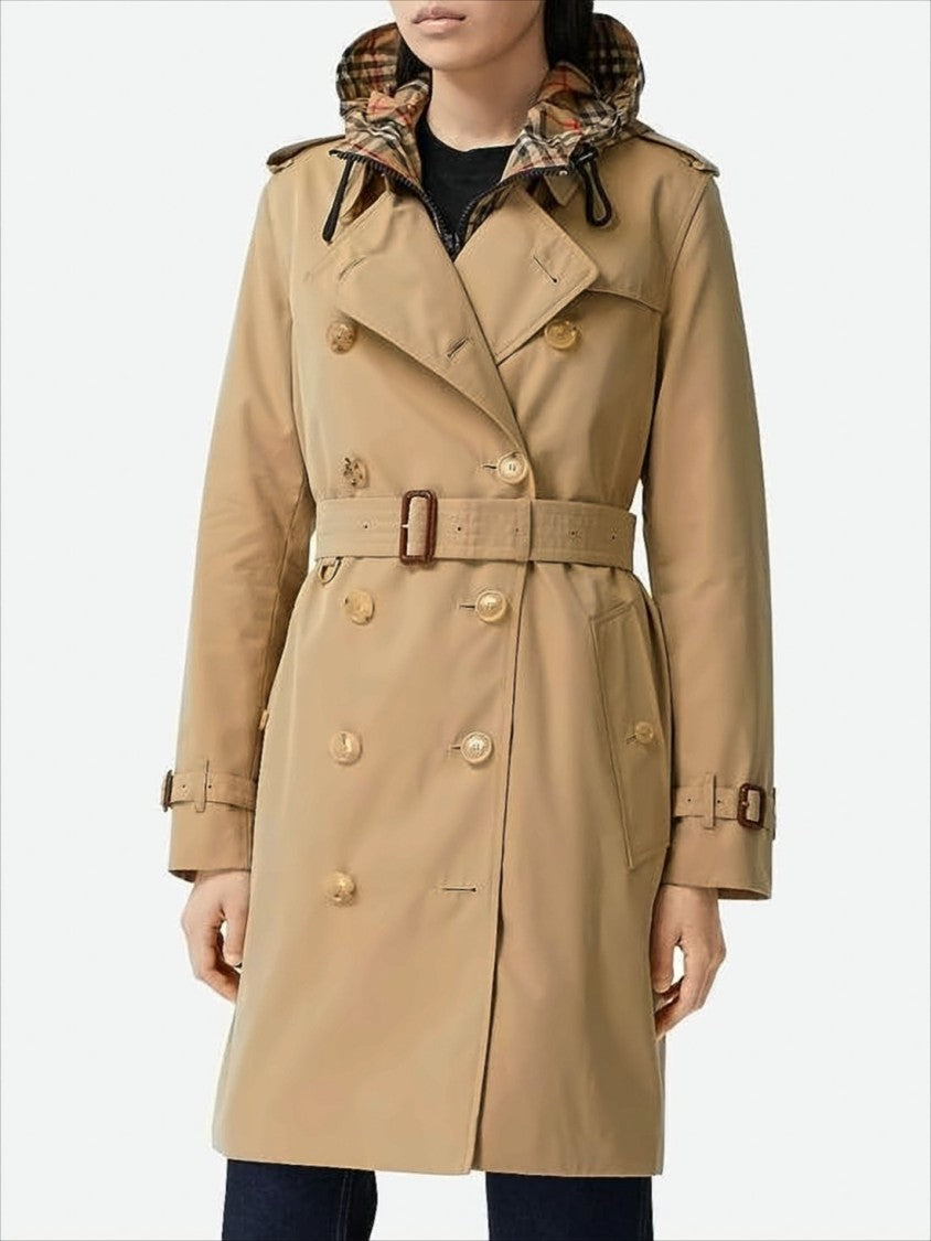 Double-Breasted Trench Coat with Distinctive Check Hood