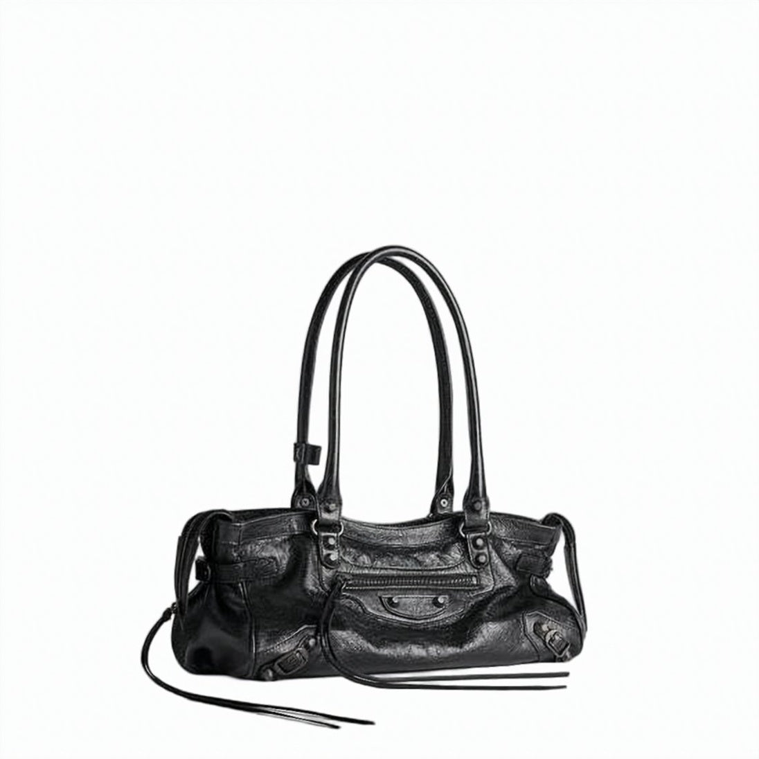 Black Textured Lambskin Studded Shoulder Bag