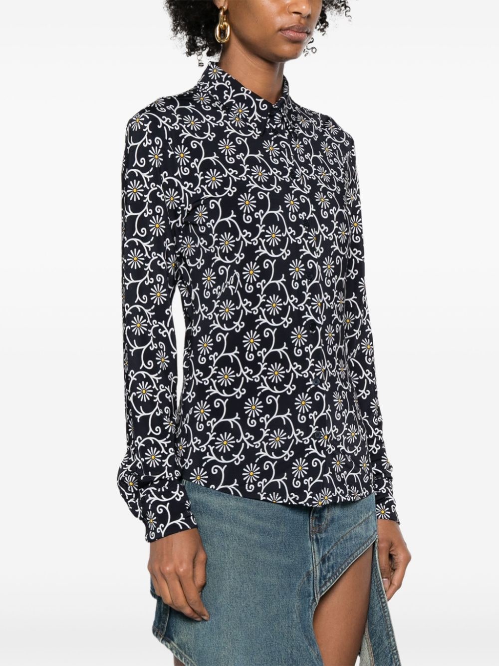 Midnight Blue Floral Print Stretch-Jersey Top