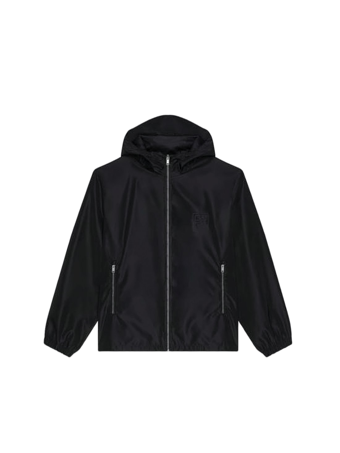 Minimalist Black Zip-Up Jacket with Hood and Zippered Pockets