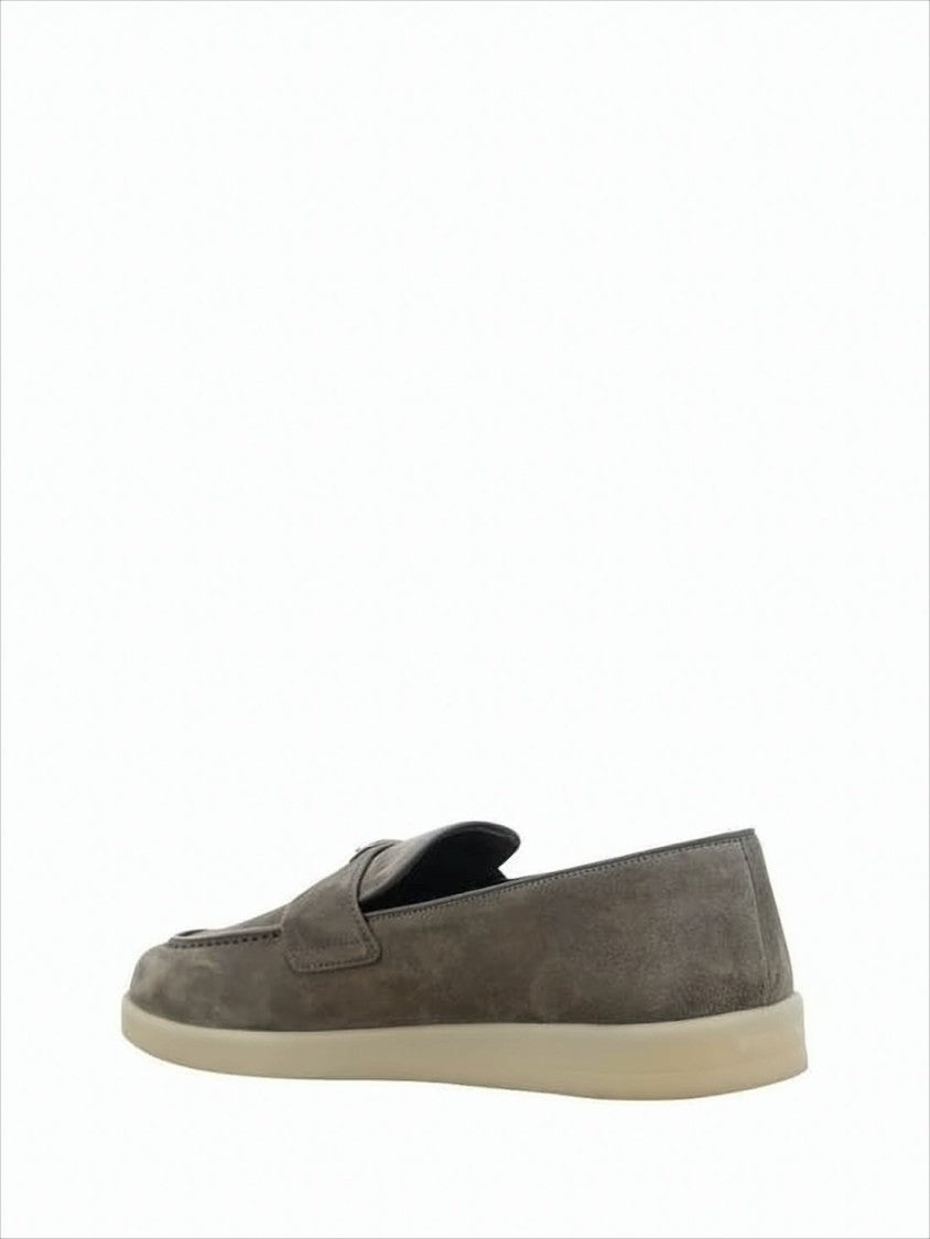 Suede Loafers With Triangular Metal Emblem
