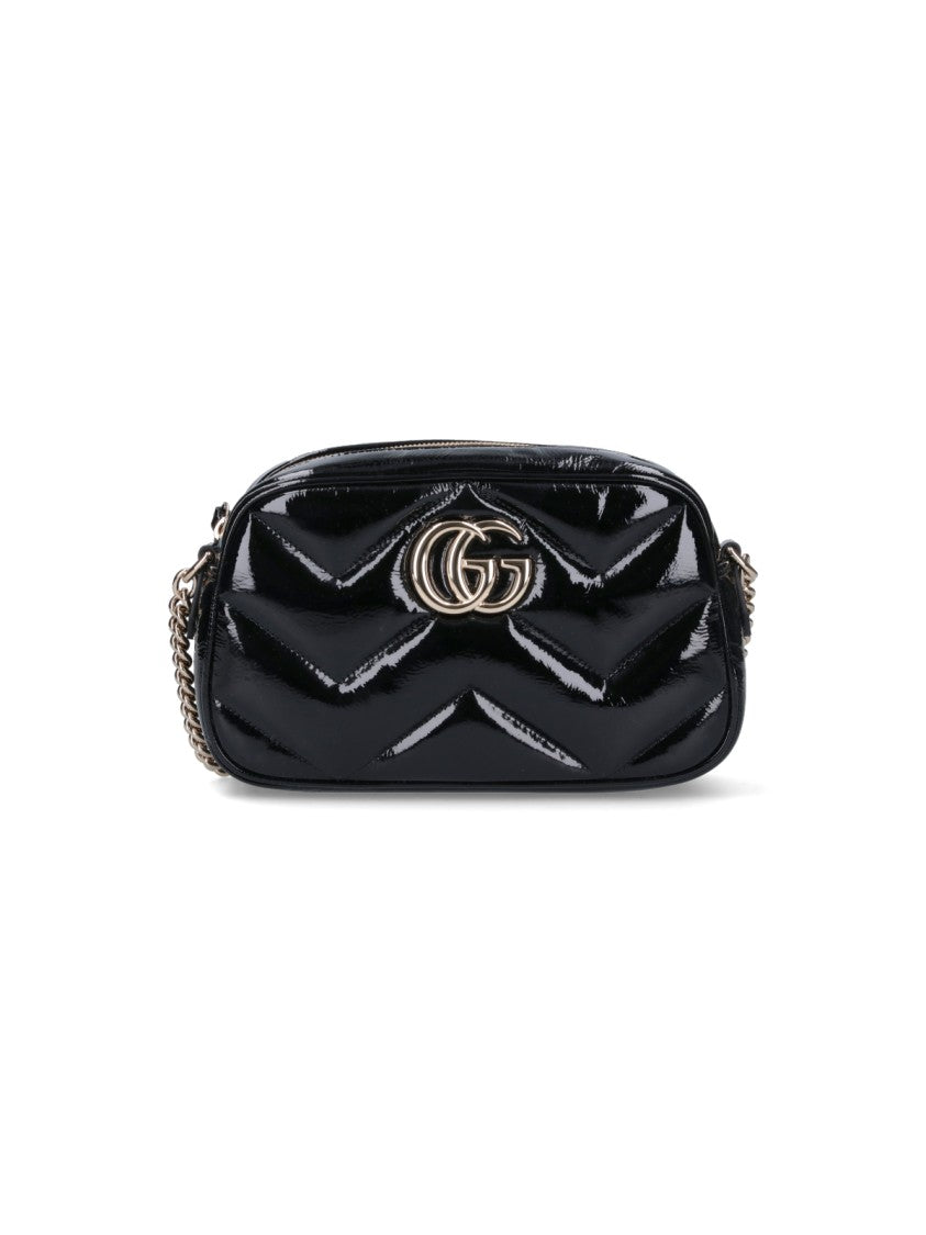 Chevron-Pattern Black Patent Leather Shoulder Bag With Adjustable Chain Strap