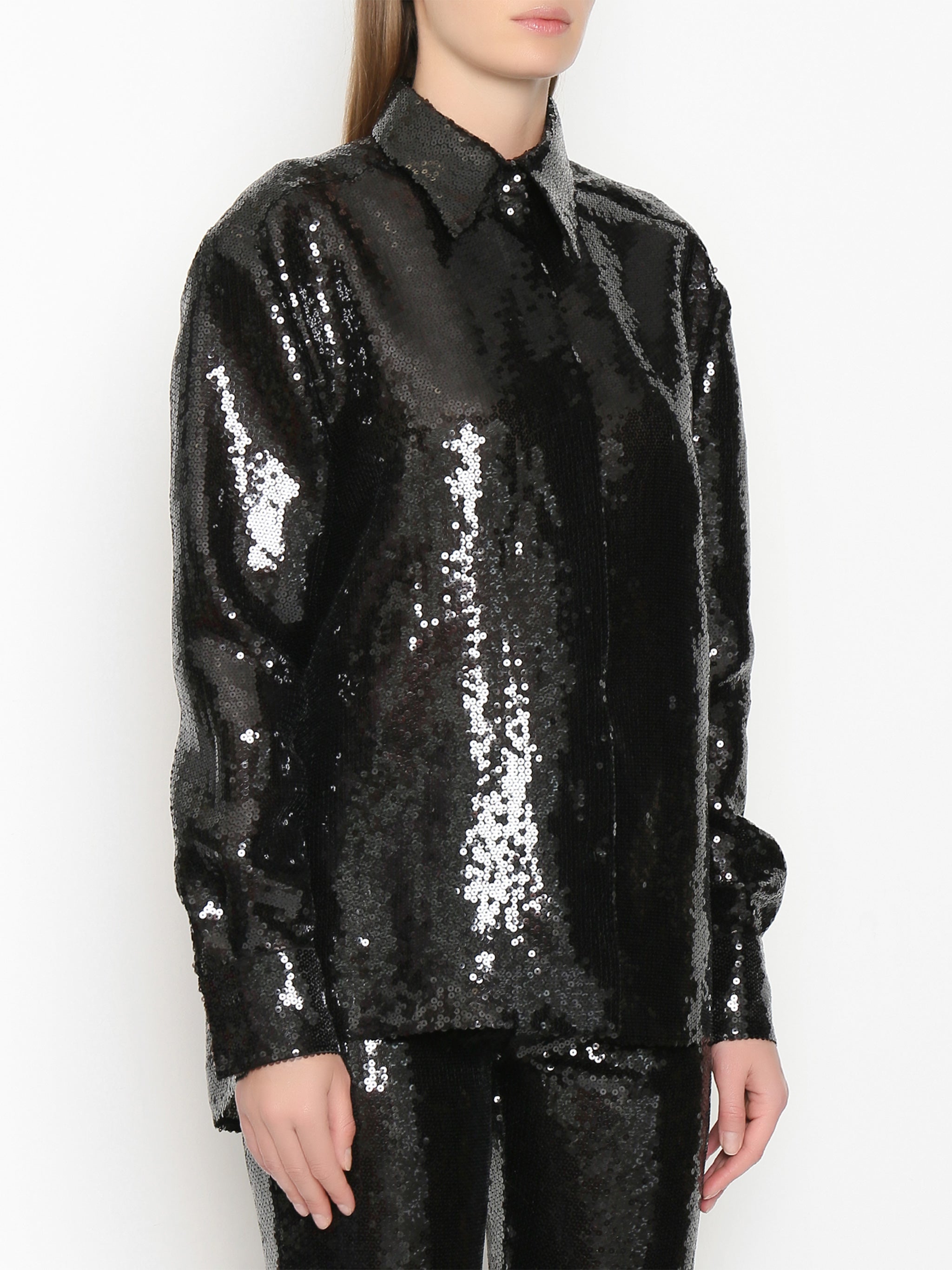 Black Sequin-Embellished Polyester Shirt
