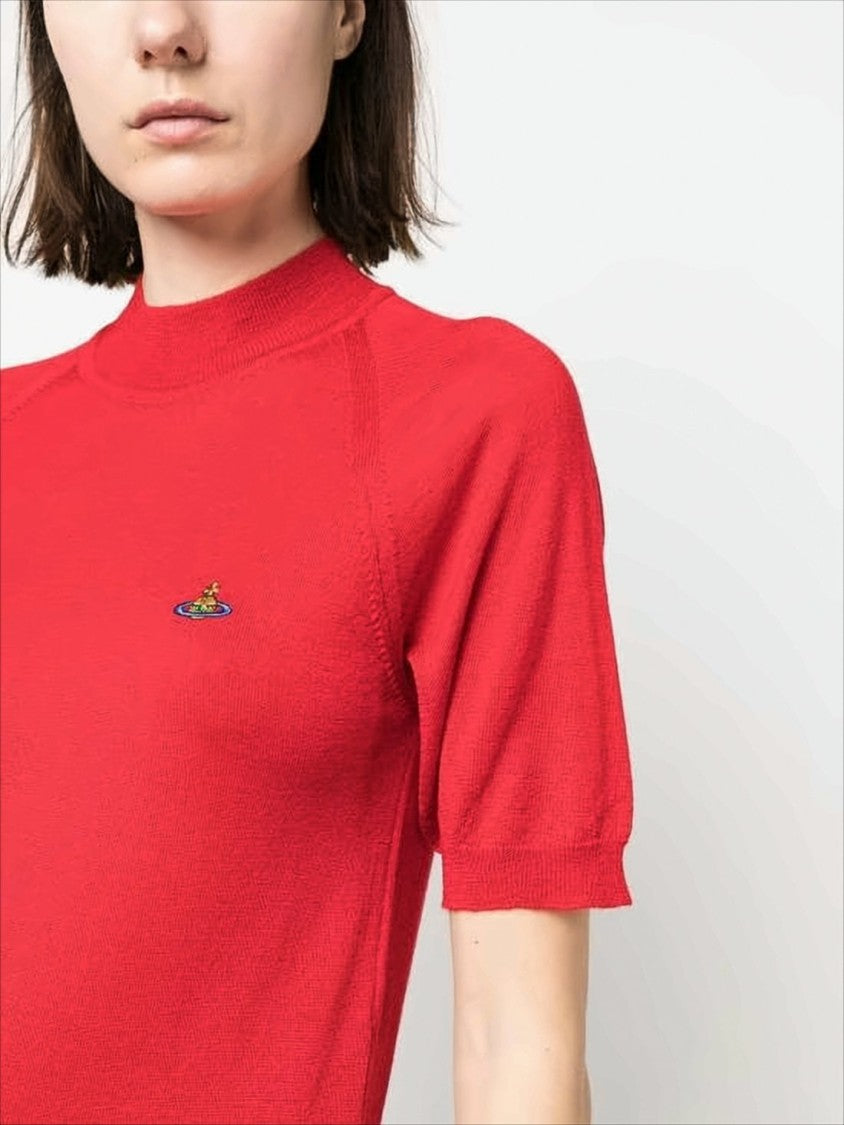 Fitted Red Knit Sweater with High Neckline