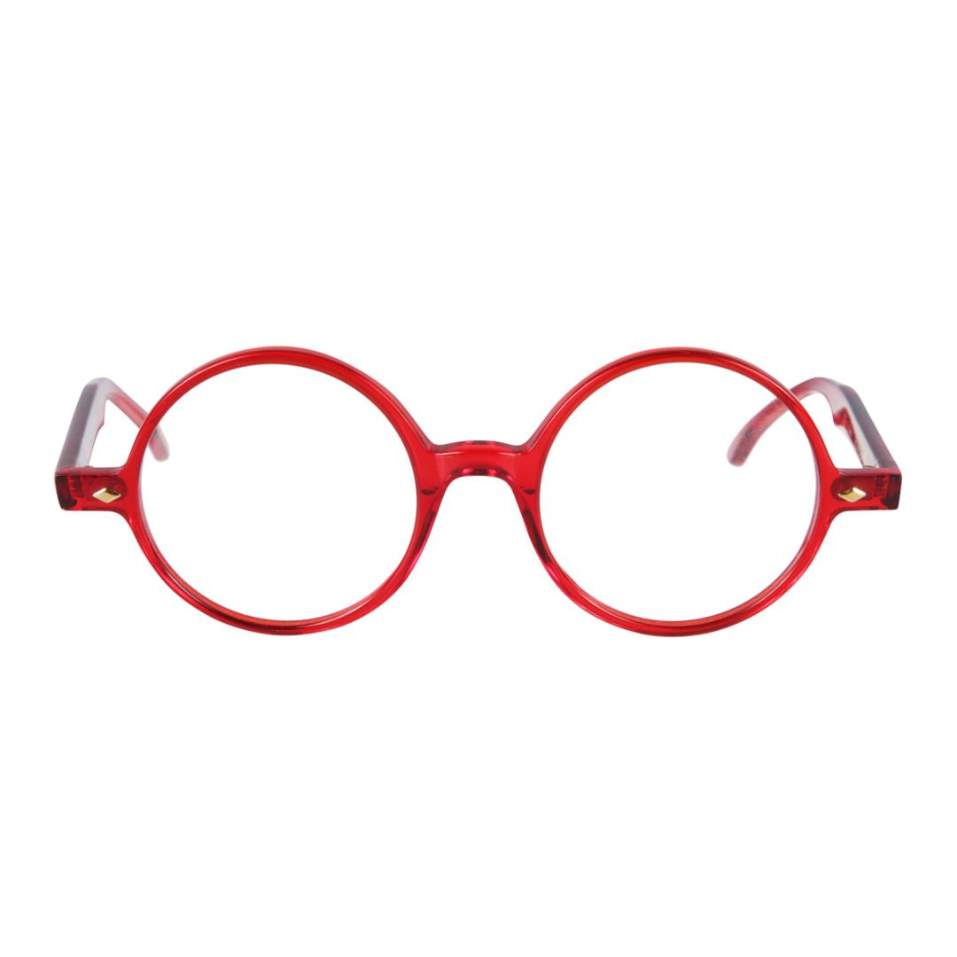 Rondo Bold Round Frame Red Eyeglasses with Gold Accents