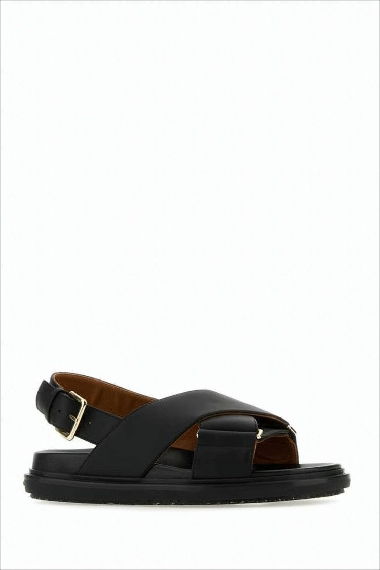 Crisscross Black Leather Sandals with Gold-Tone Buckle