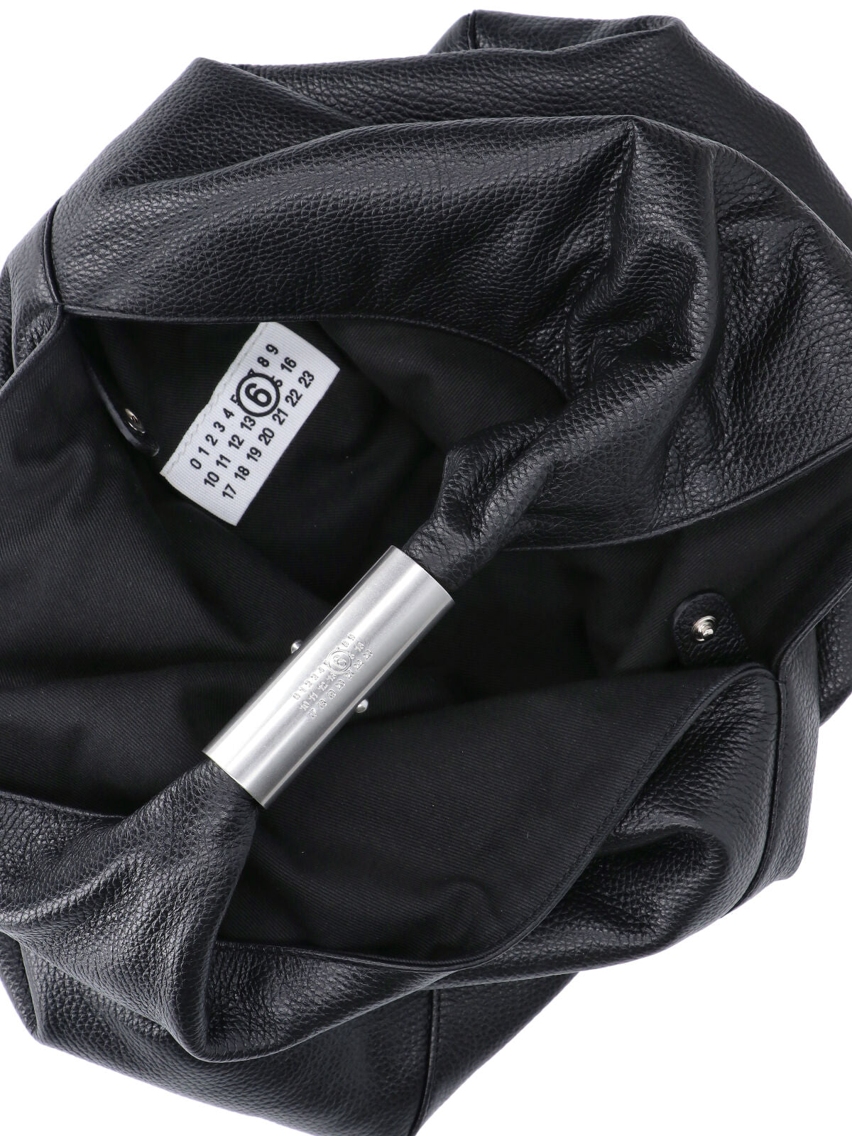 Black Triangular Pebbled Leather Silver Handle Handbag
