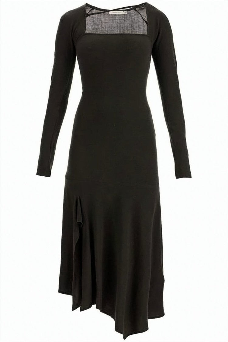 Fitted Black Midi Dress With Asymmetrical Hem And Square Neckline