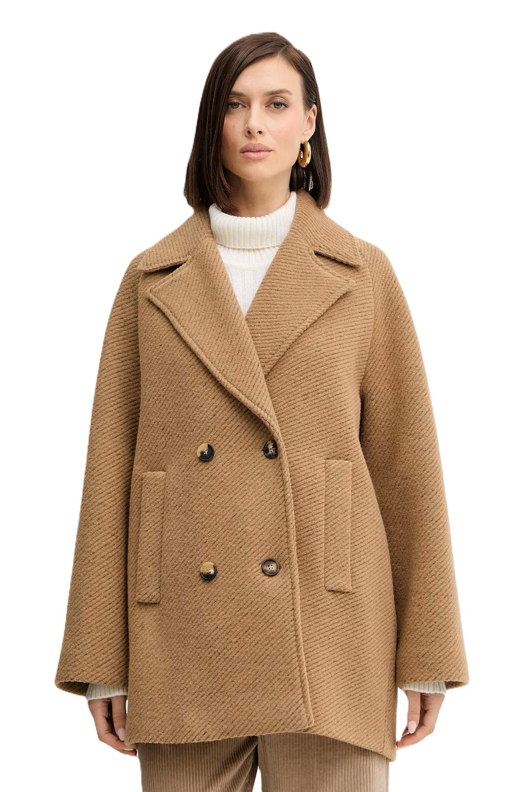 Classic Mid-Length Camel Coat With Double-Breasted Design