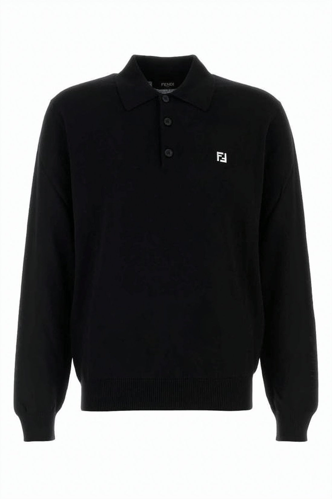 Black Wool Polo Shirt with Classic Collar and Ribbed Details