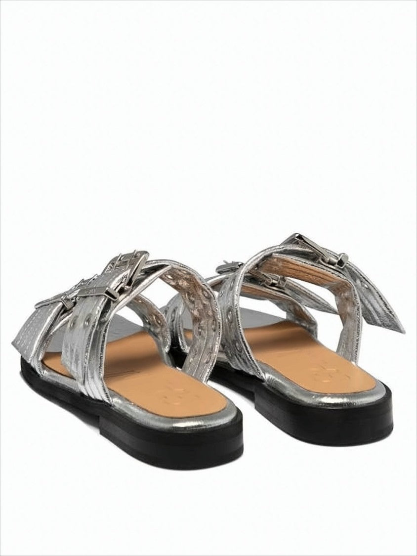 Metallic Silver Flat Mules With Wide Straps And Buckle Accents