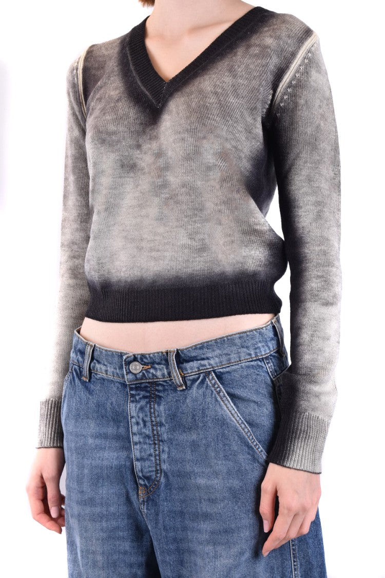 Wool V-Neck Sweater With Textured Finish And Contrast Detailing