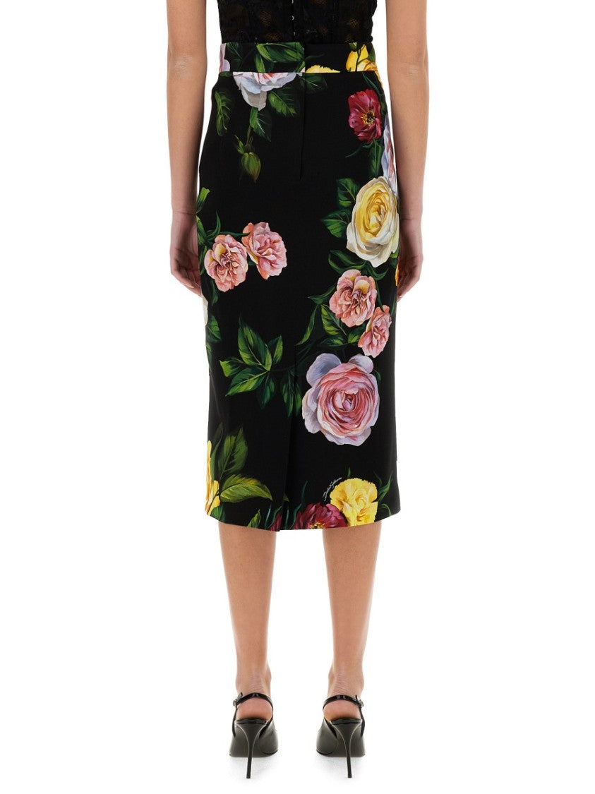 Peony And Rose Print Charmeuse Longuette Skirt