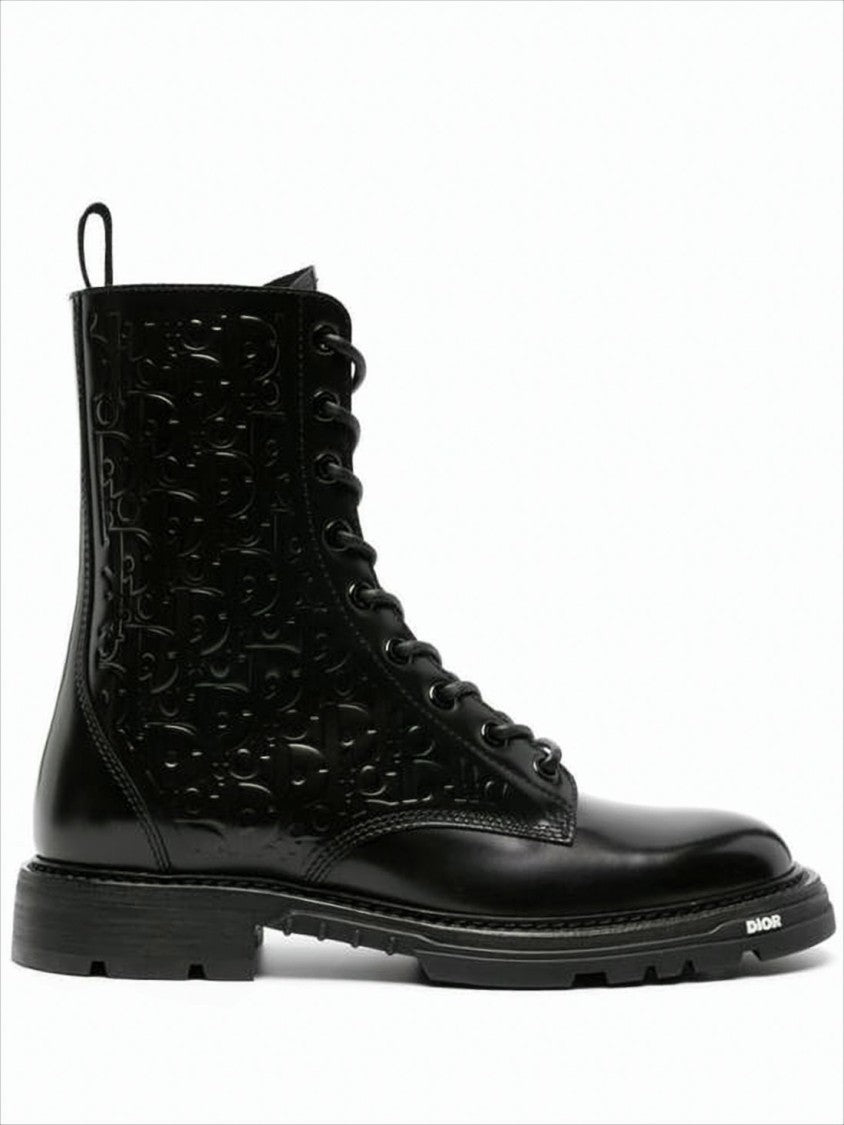 Black Leather Lace-Up Boots With Embossed Detailing
