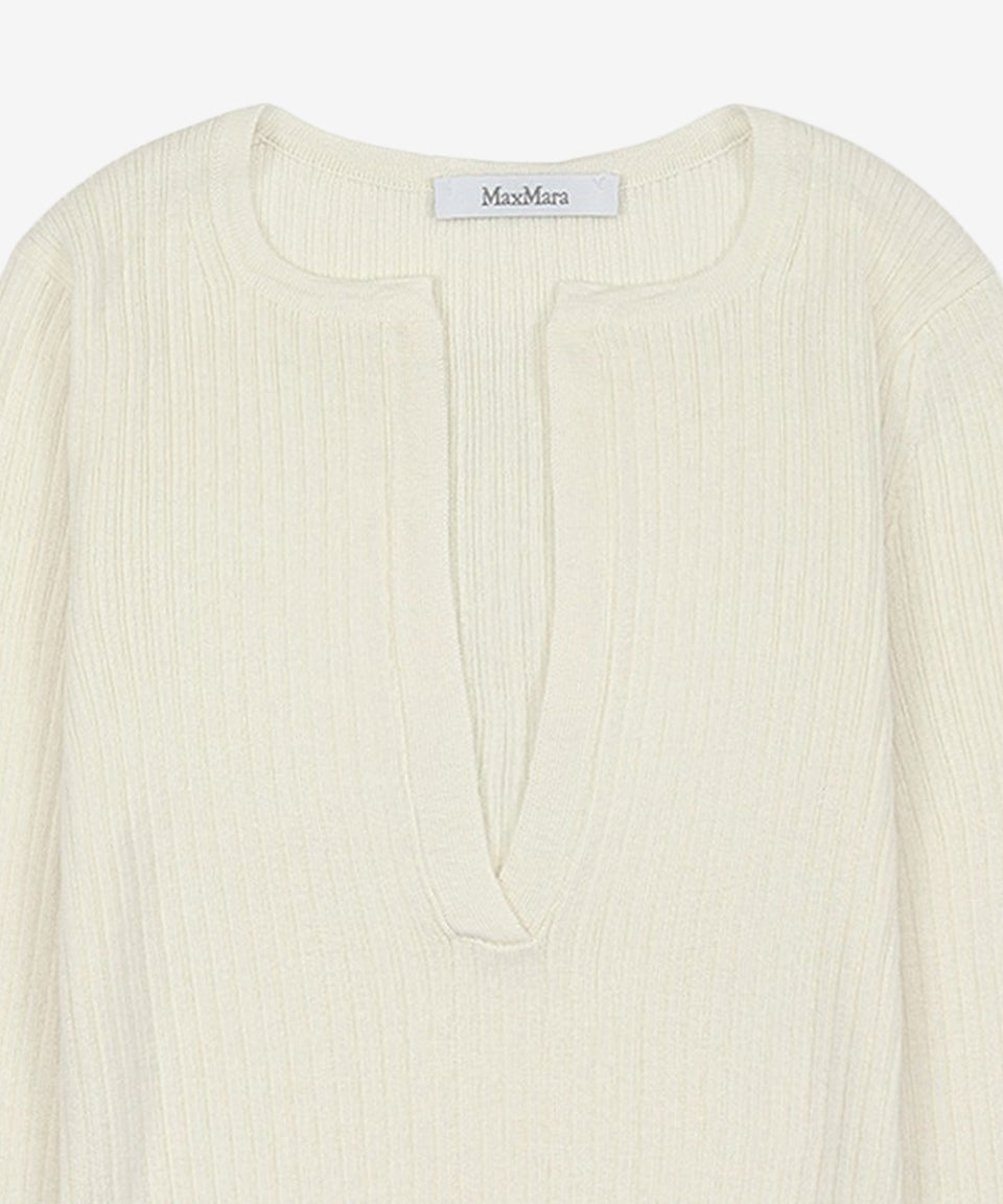 Ribbed Silk-Cashmere Blend Sweater with Notch Neckline