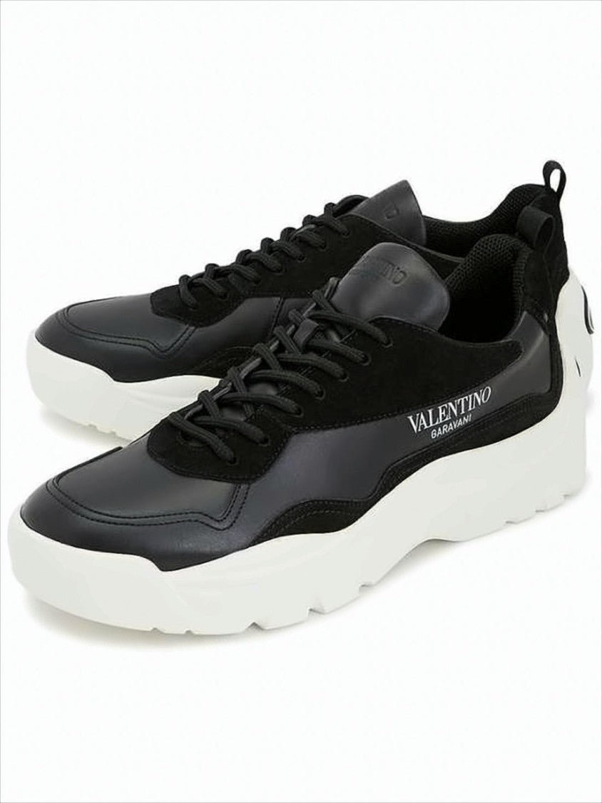 Black Leather and Suede Sneakers with Logo Detail