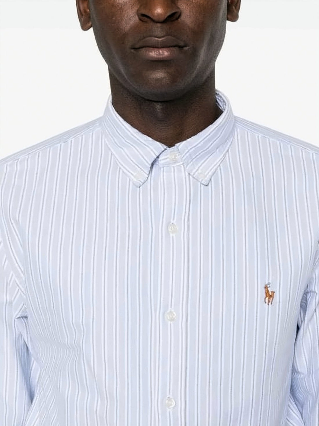 Long-Sleeve Button-Up Shirt with Vertical Stripes and Embroidered Logo