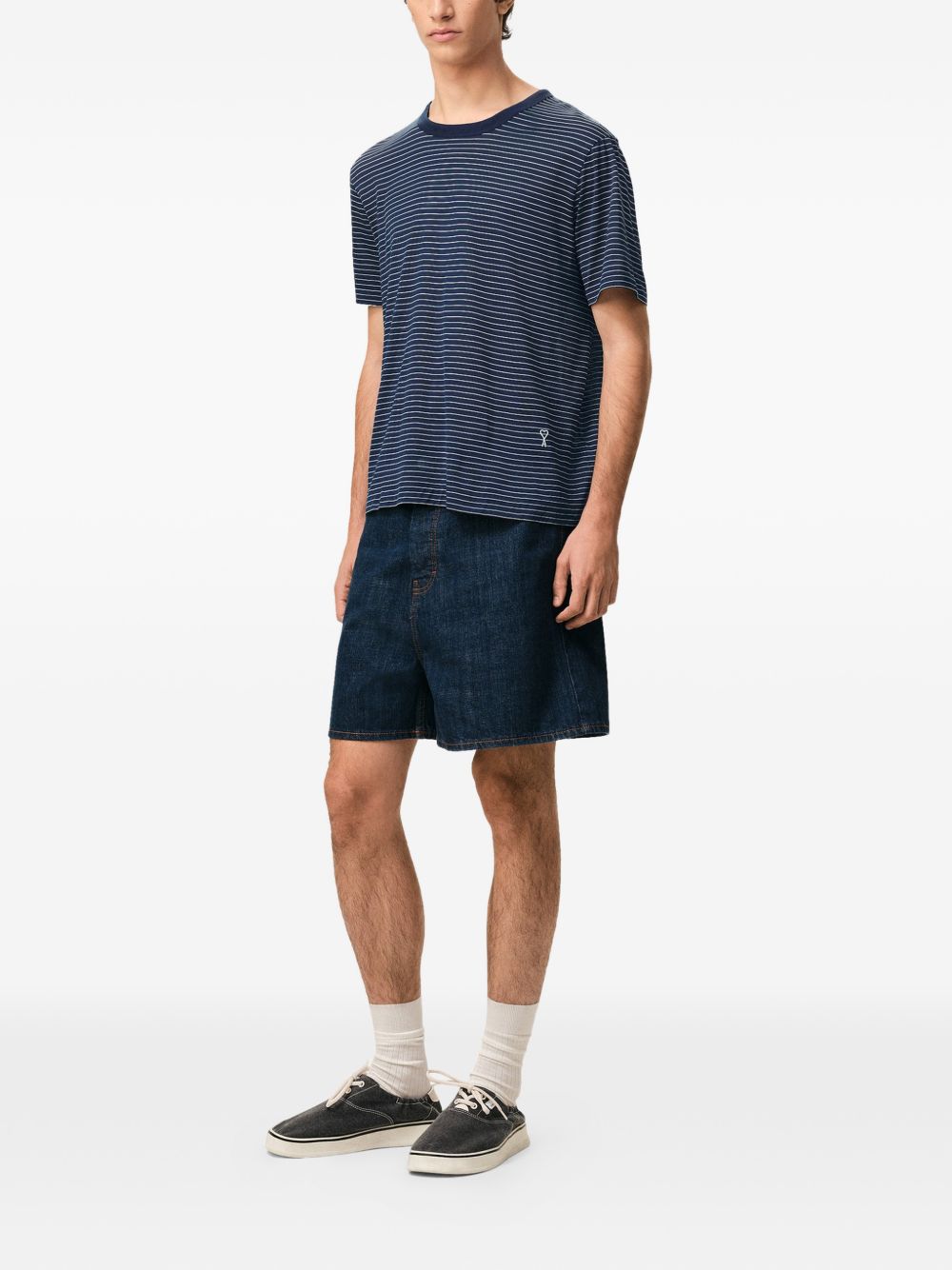 Ink Blue/White Striped Embroidered T-Shirt