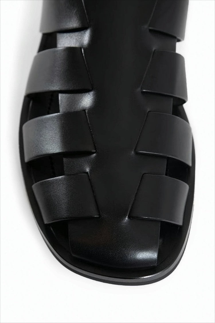 Woven Strap Black Leather Mules