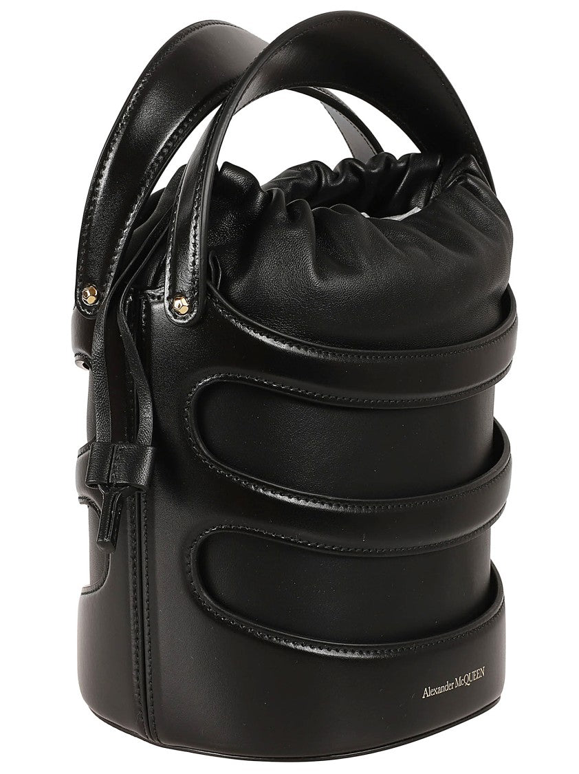 Structured Black Leather Bag With Drawstring Closure
