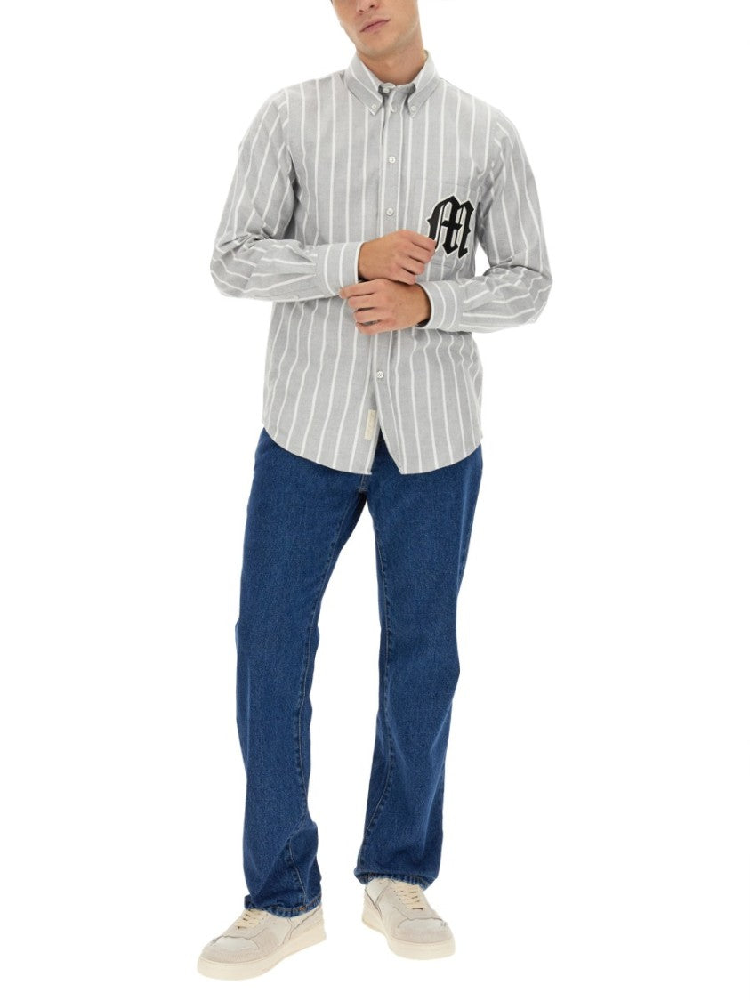 Vertical Striped Cotton Shirt With Logo Detail