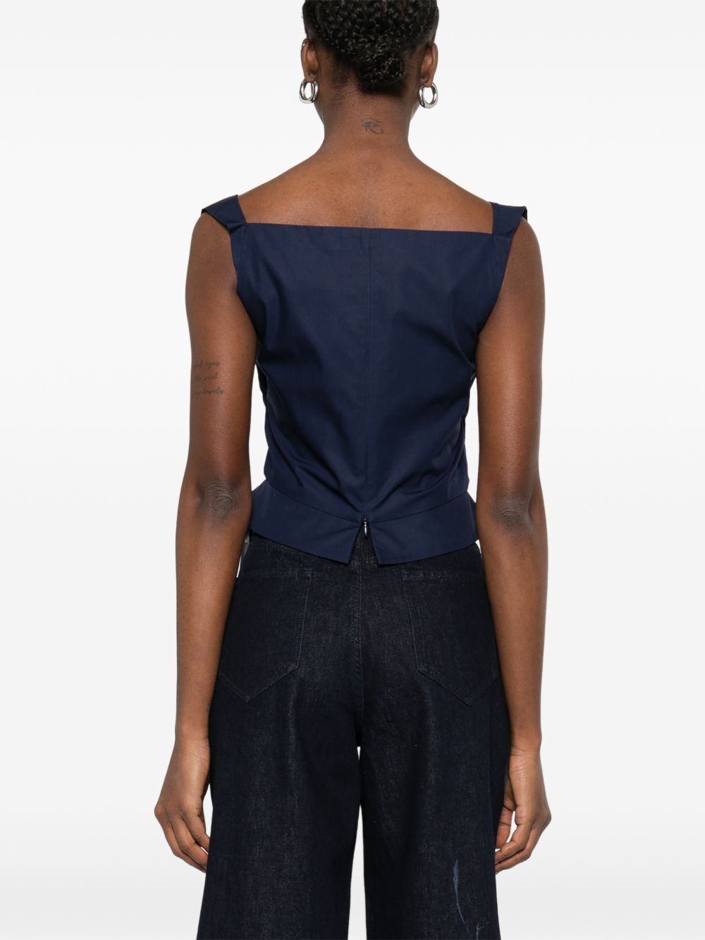 Sleeveless Blue Top With Draped Cowl Neckline And Pointed Hem