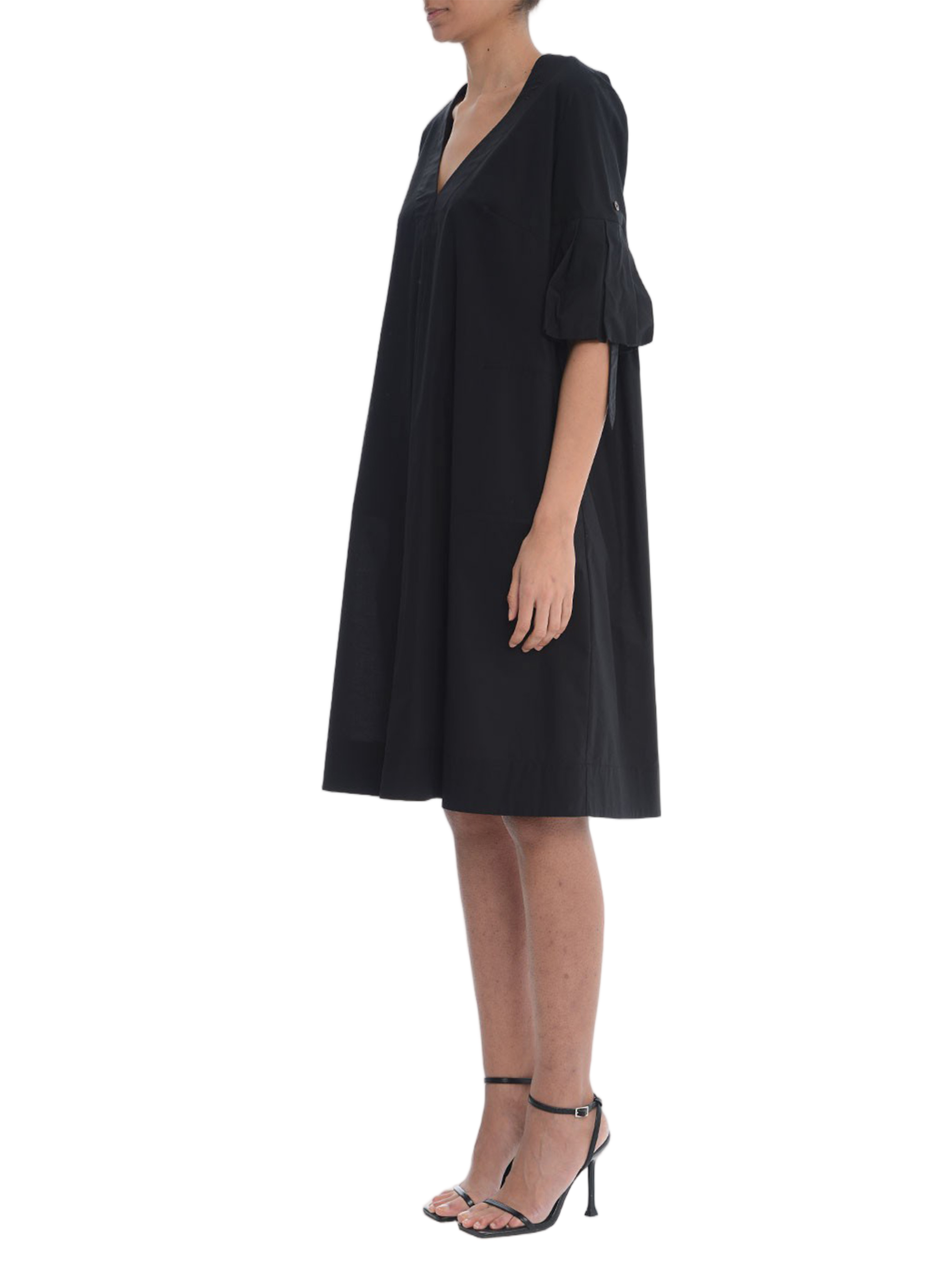 Knee-Length Black V-Neck Gathered Dress