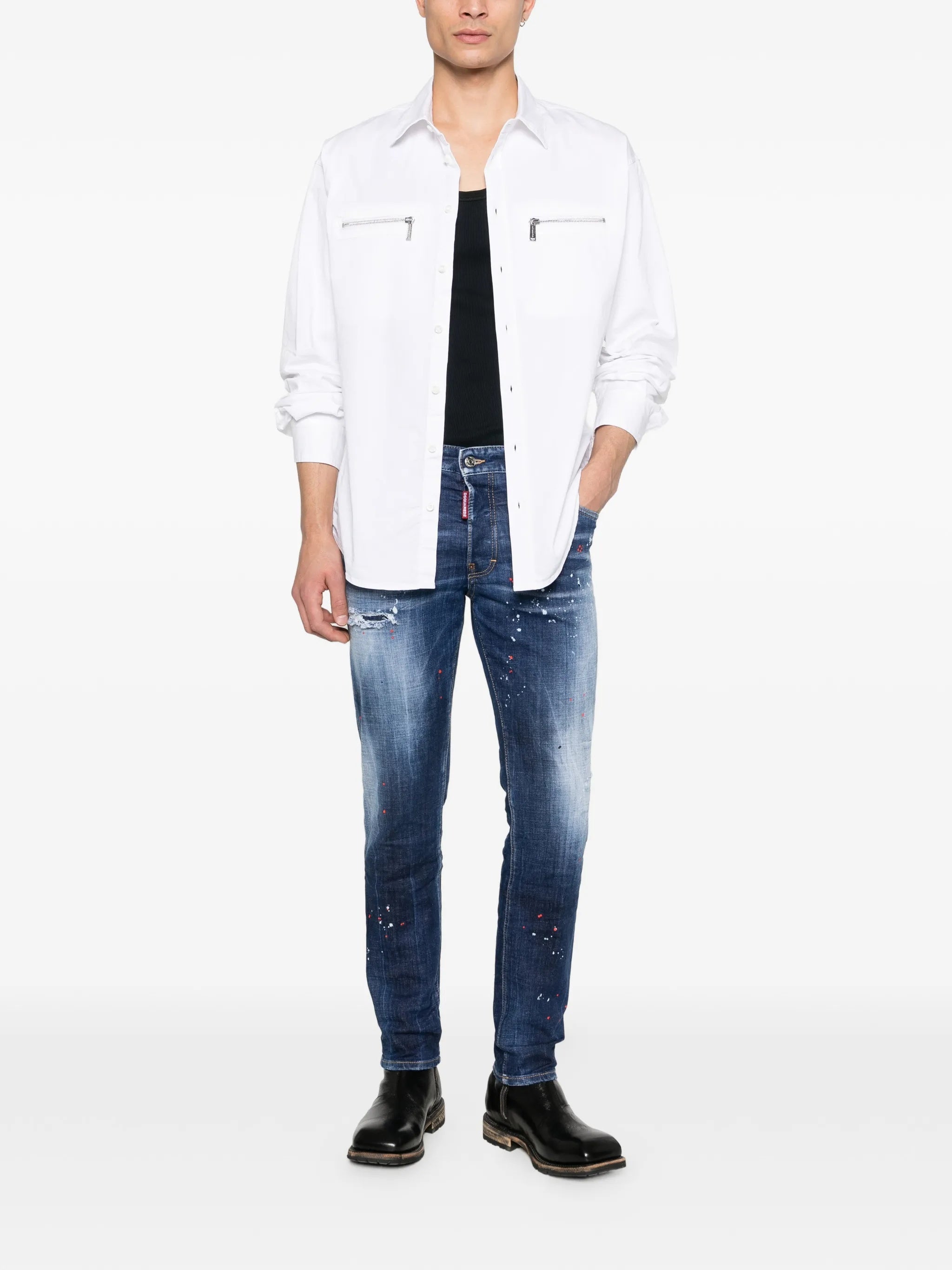 Slim Fit Distressed Paint Splatter Jeans