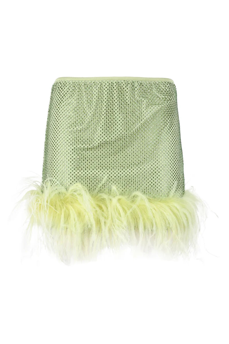 Textured Green Skirt with Feather Trim