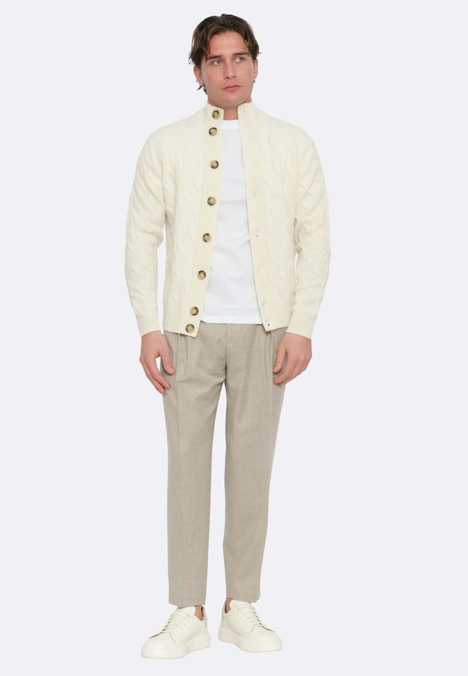 Textured Cable Knit Cardigan With High Collar