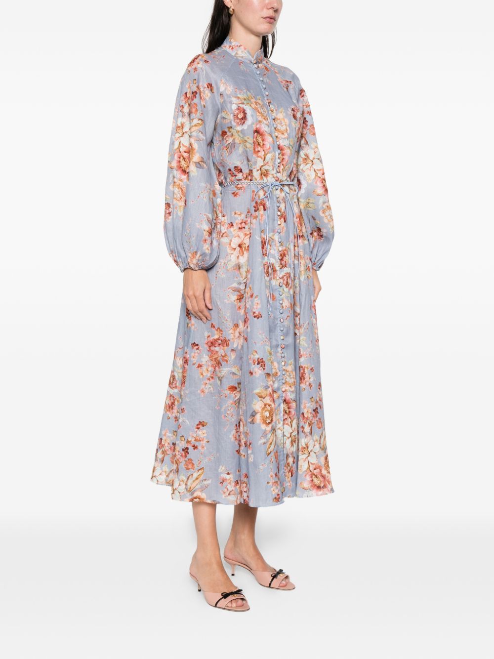 Floral-Print Midi Dress with Puffed Sleeves