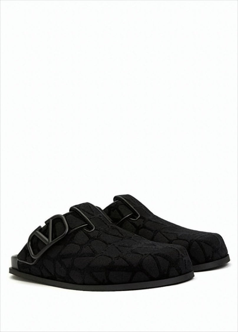 Textured Black Fabric Slip-On Mules