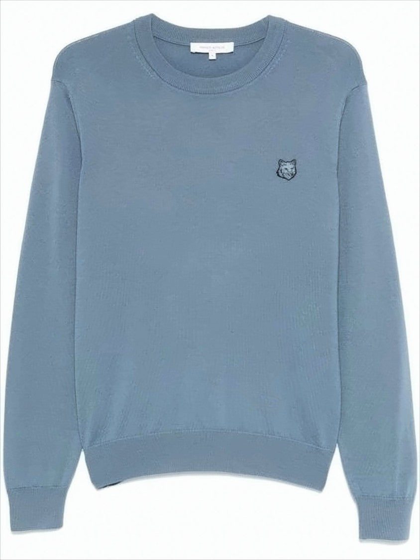 Muted Blue Fine Wool Sweater With Embroidered Fox Emblem