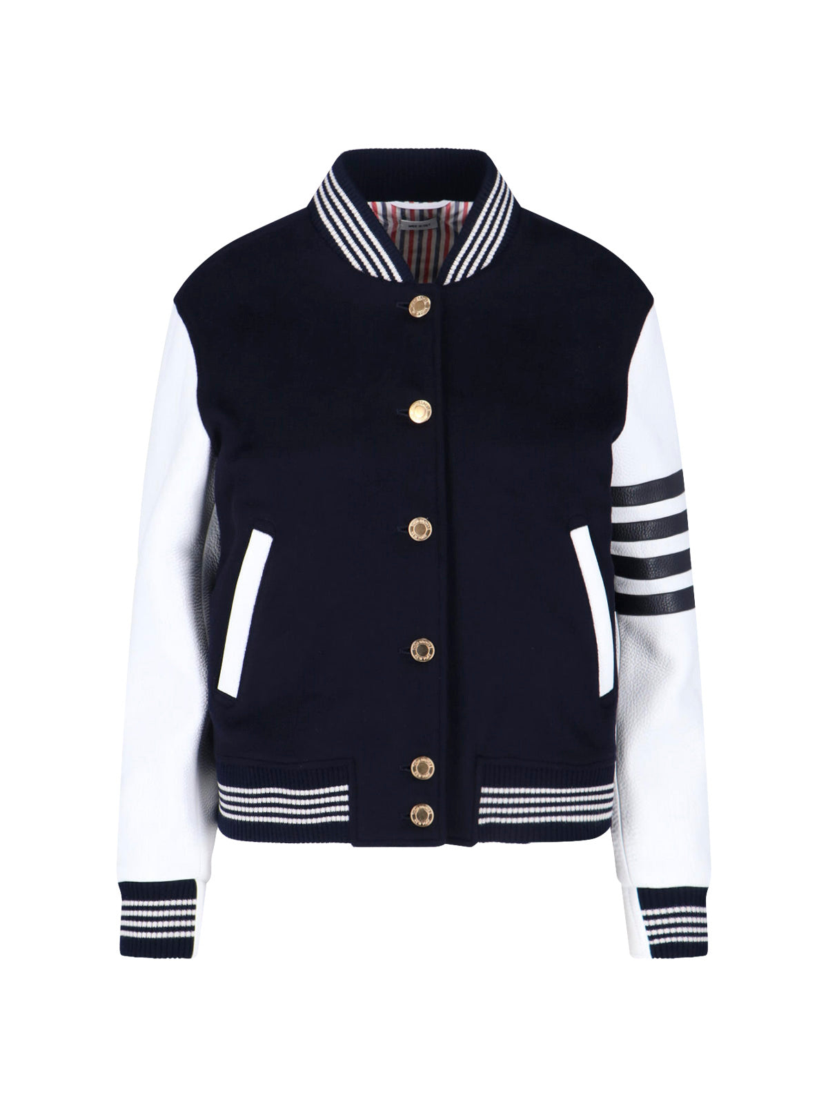Navy Wool Varsity Leather Sleeve Jacket