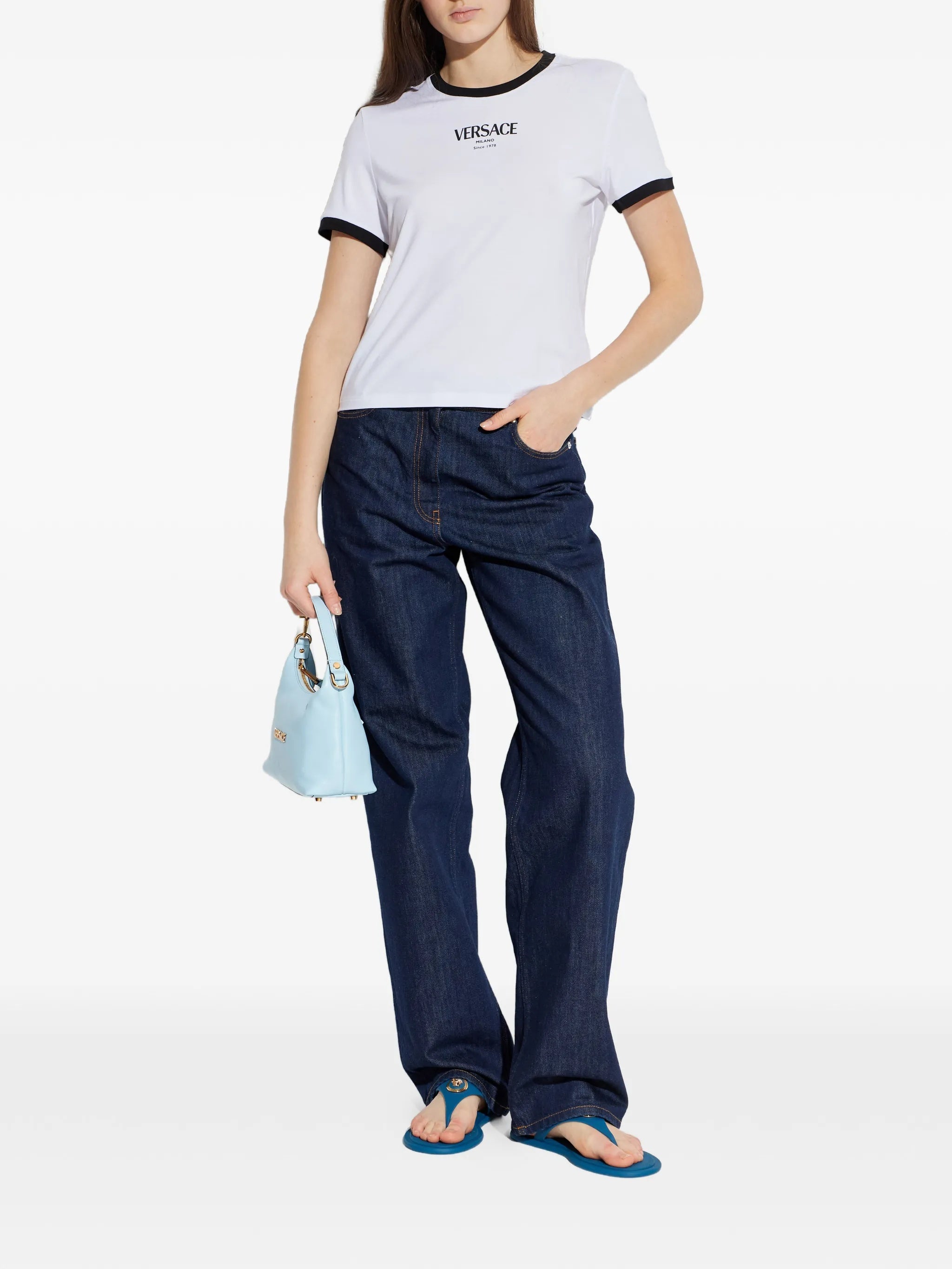 White Cropped Viscose Contrast Trim T-shirt