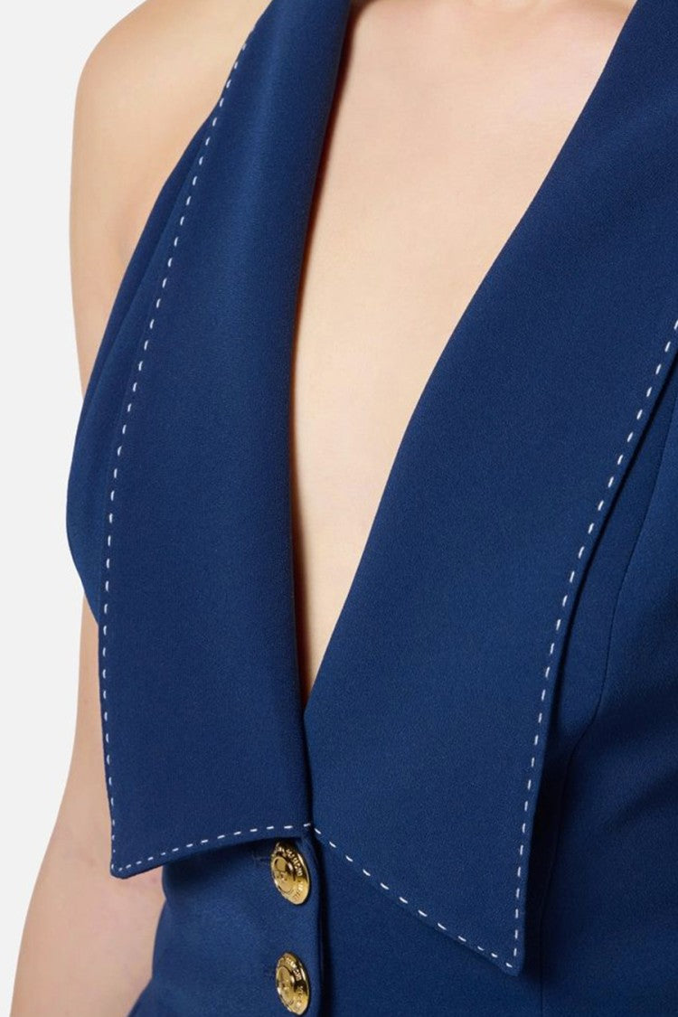 Blue Tailored Coat With Distinguished V-Neckline