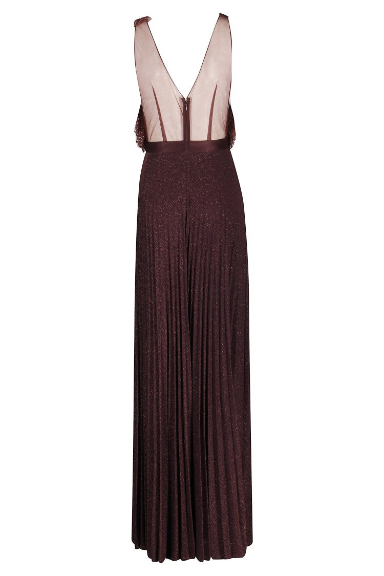 Plisowana sukienka maxi Merlot z cekinowymi marszczeniami