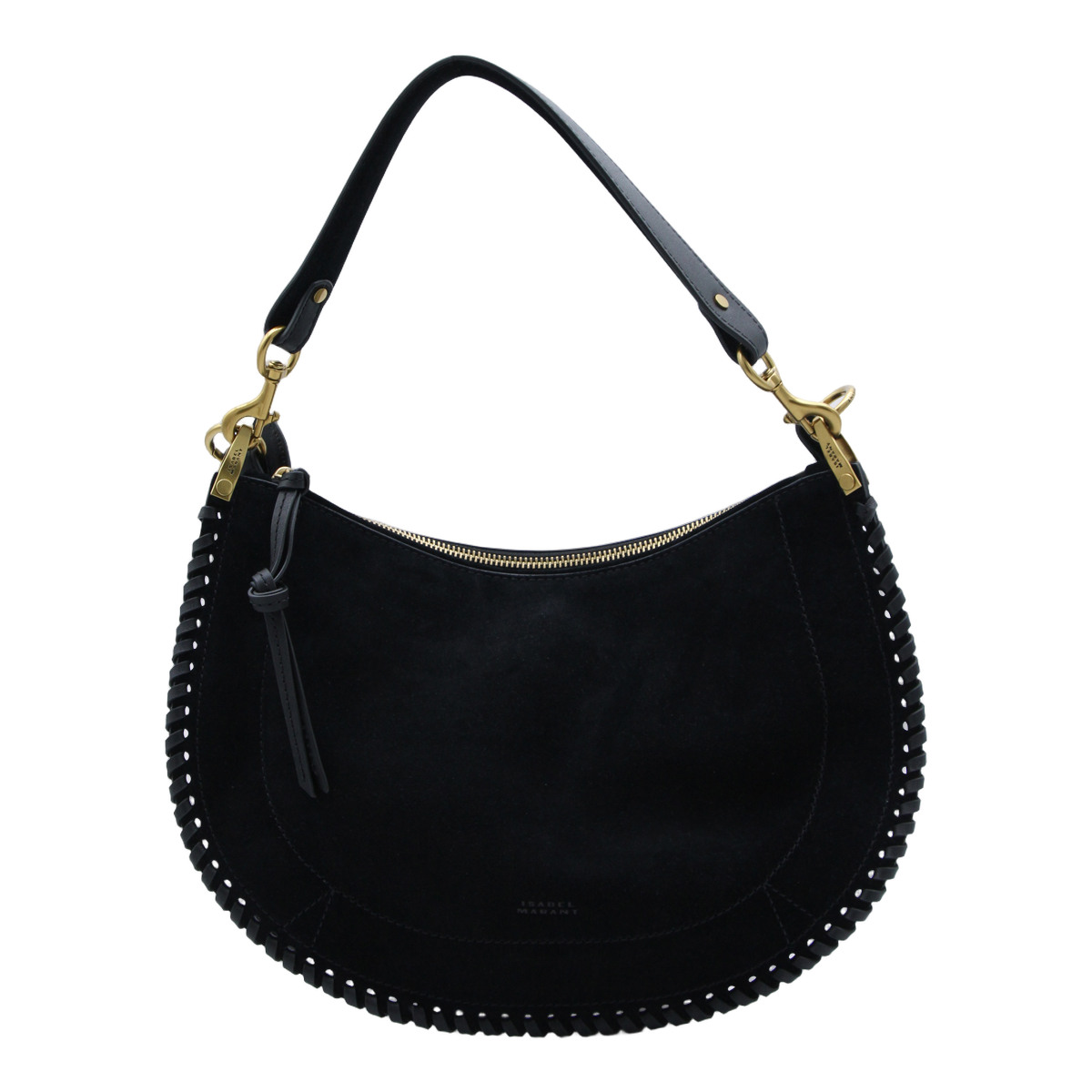 Crescent-Shaped Black Suede Handbag With Whipstitch Trim