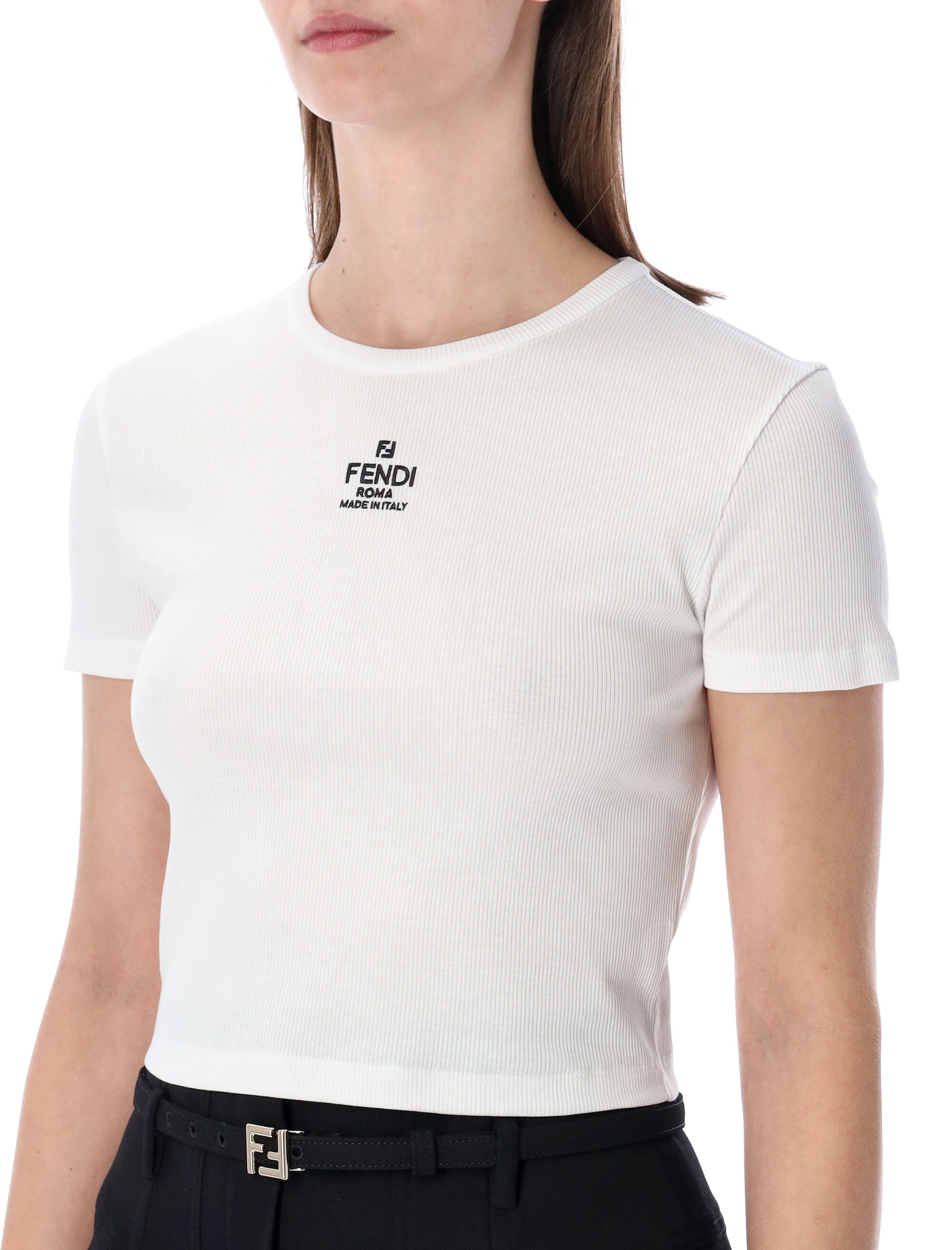 Cropped Slim Fit Ribbed Cotton T-Shirt with Embroidered Logo
