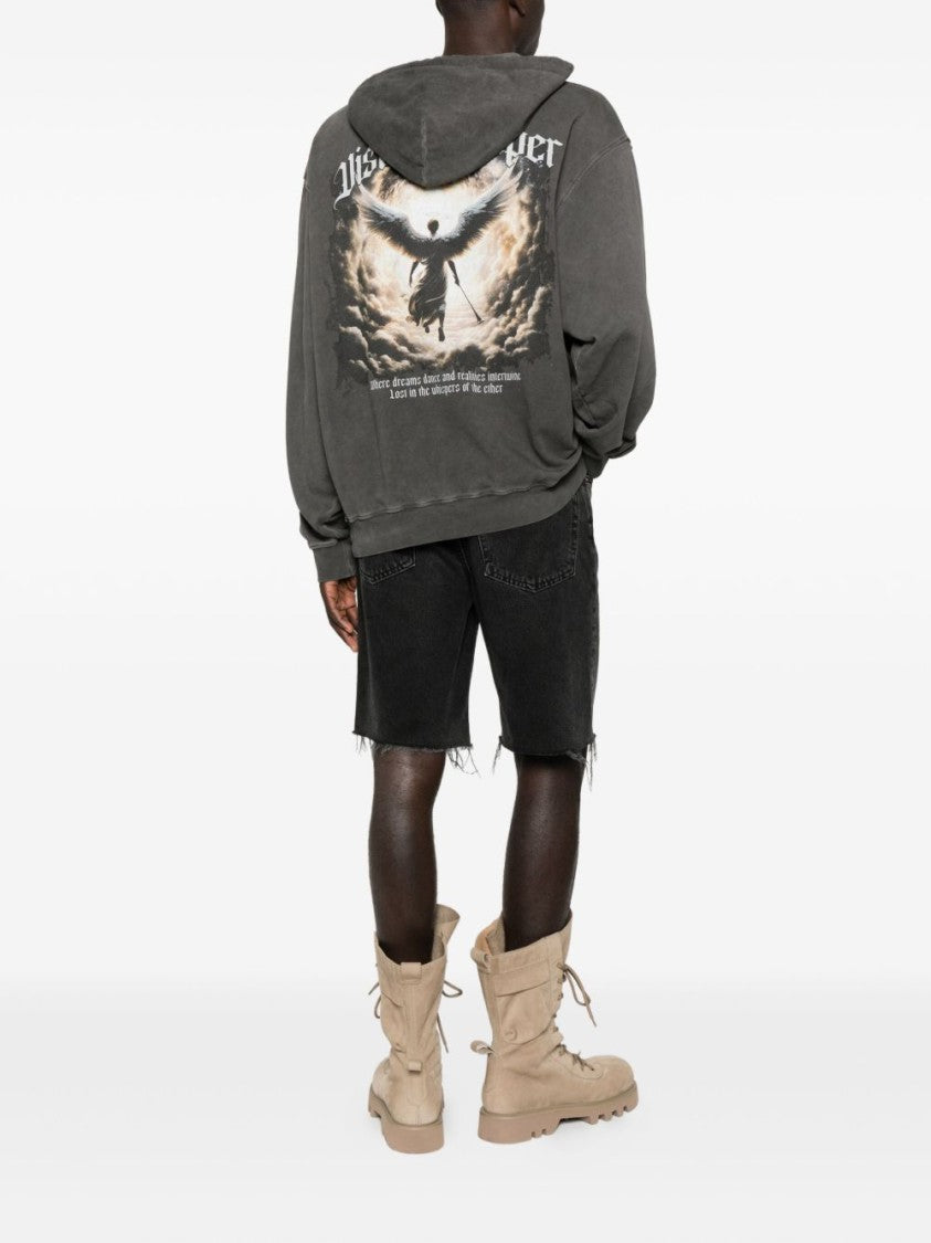 Washed Gray Graphic Hoodie with Front Pocket