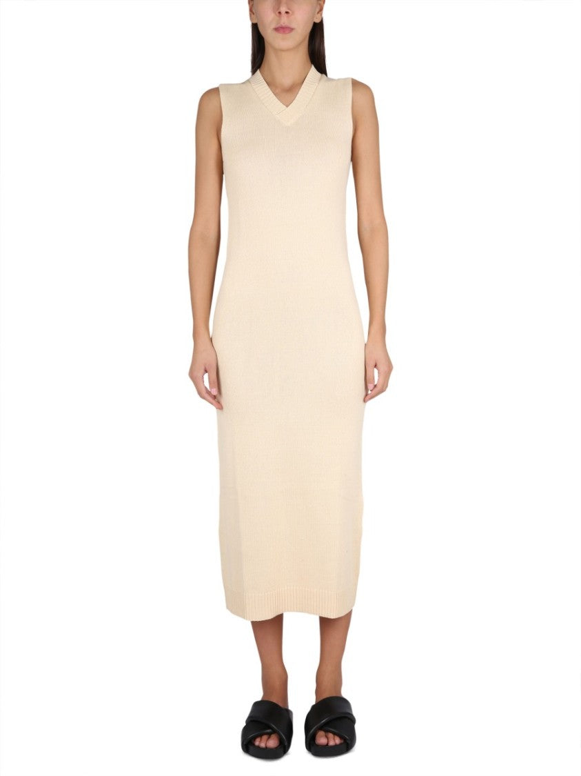V-Neck Long Dress With Ribbed Edges