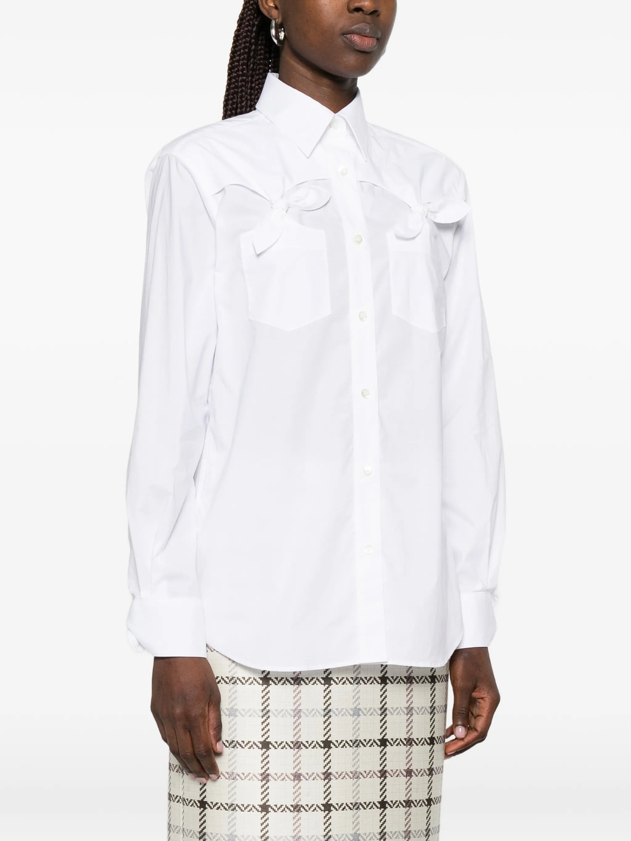 White Button-Up Shirt With Bow Pocket Details