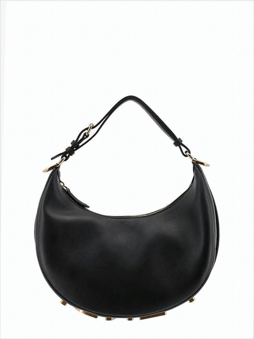 Crescent-Shaped Black Leather Shoulder Bag with Gold Accents